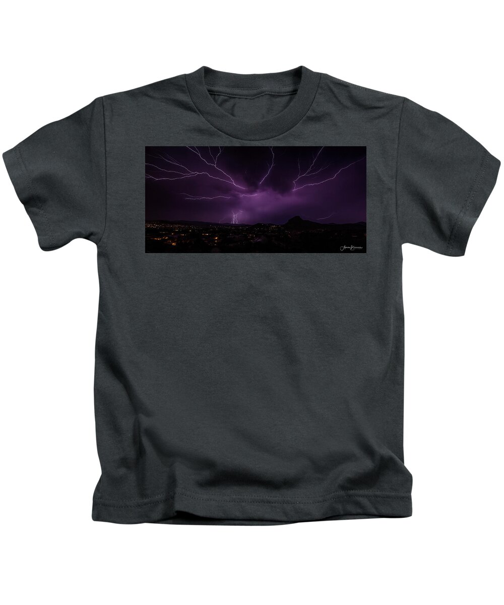Lightning Kids T-Shirt featuring the photograph Fingers Across the Sky by Aaron Burrows
