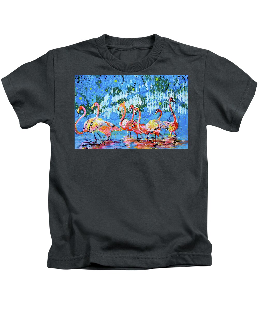 Flamingo Kids T-Shirt featuring the painting Flamingo Pat Party by Tilly Strauss