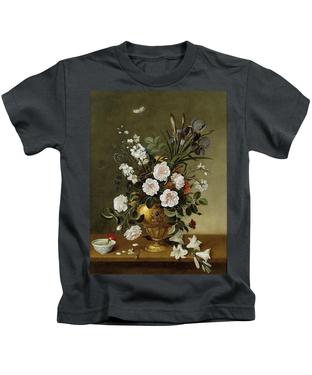 Flower Vase And Ceramic Bowl Kids T-Shirt featuring the painting 'Flower Vase and Ceramic Bowl', 1663, Spanish School, Oil on canvas, 77 cm x 58... by Pedro de Camprobin -1605-1674-