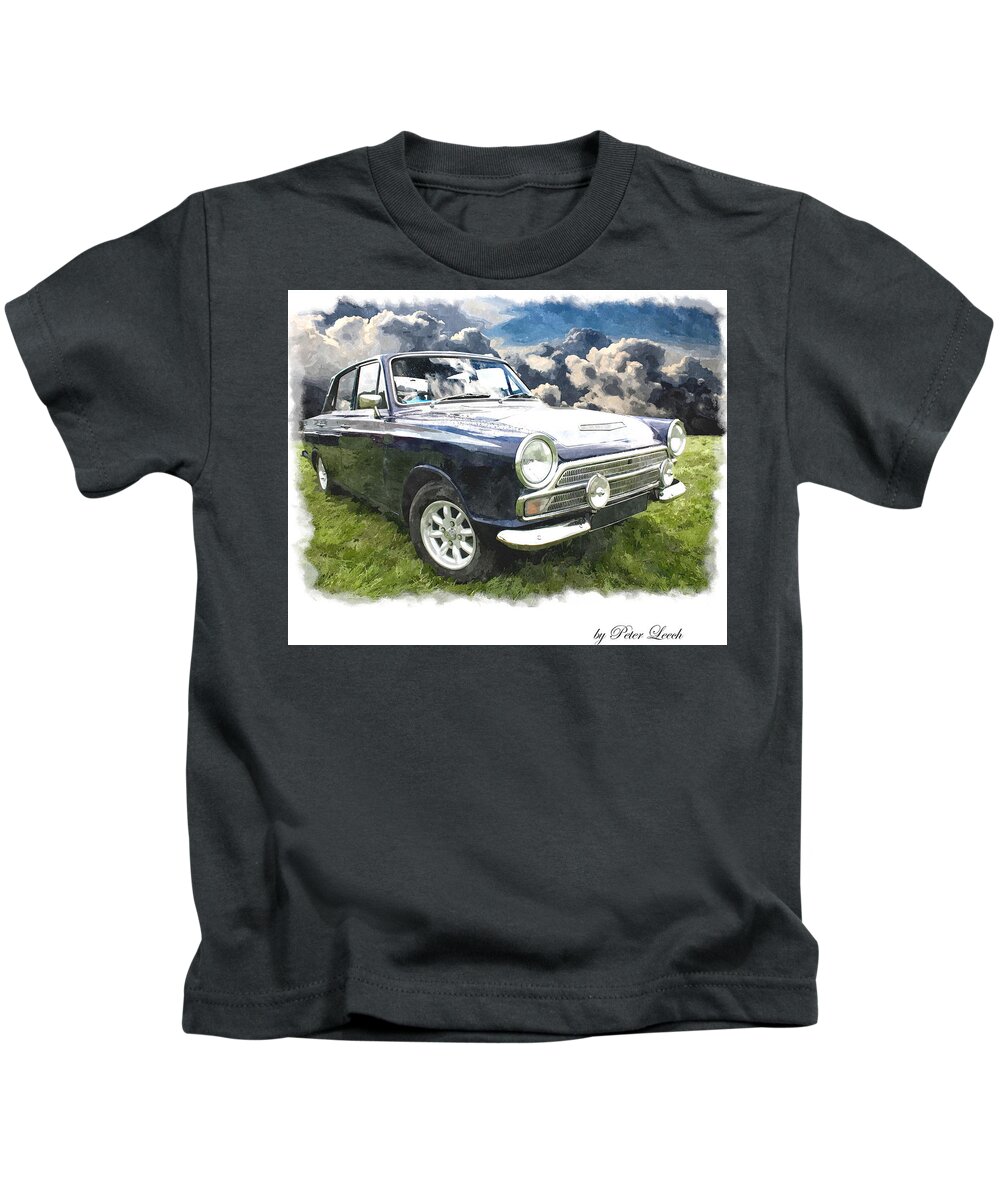 British Kids T-Shirt featuring the digital art Ford Cortina 1 by Peter Leech
