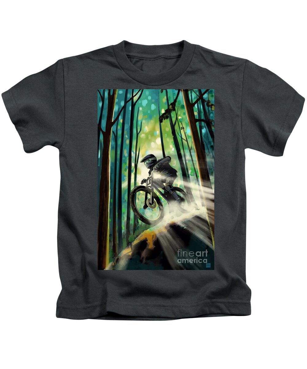 Mountain Bike Kids T-Shirt featuring the painting Forest jump mountain biker by Sassan Filsoof