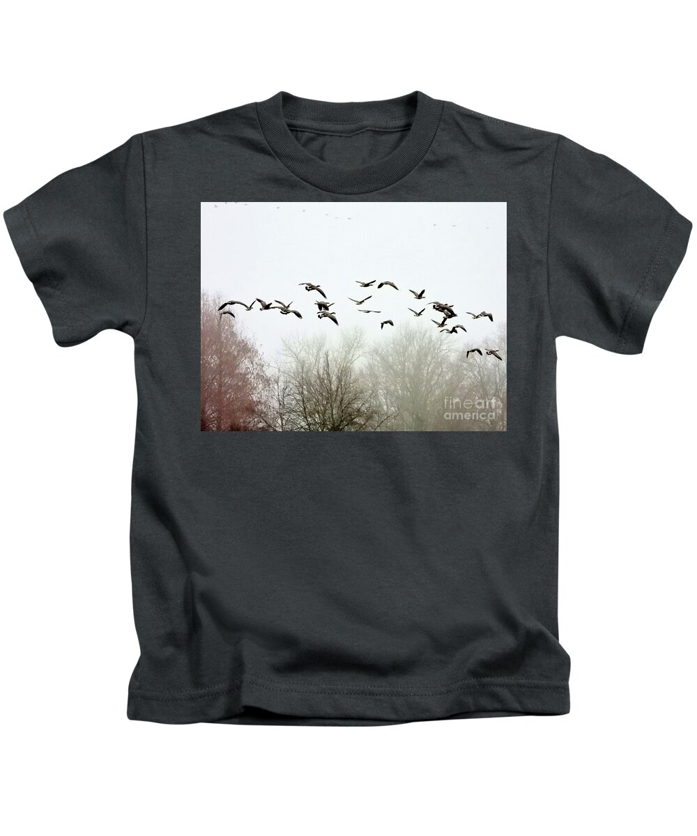 Canadian Geese Kids T-Shirt featuring the photograph Geese in FLight by Scott Cameron