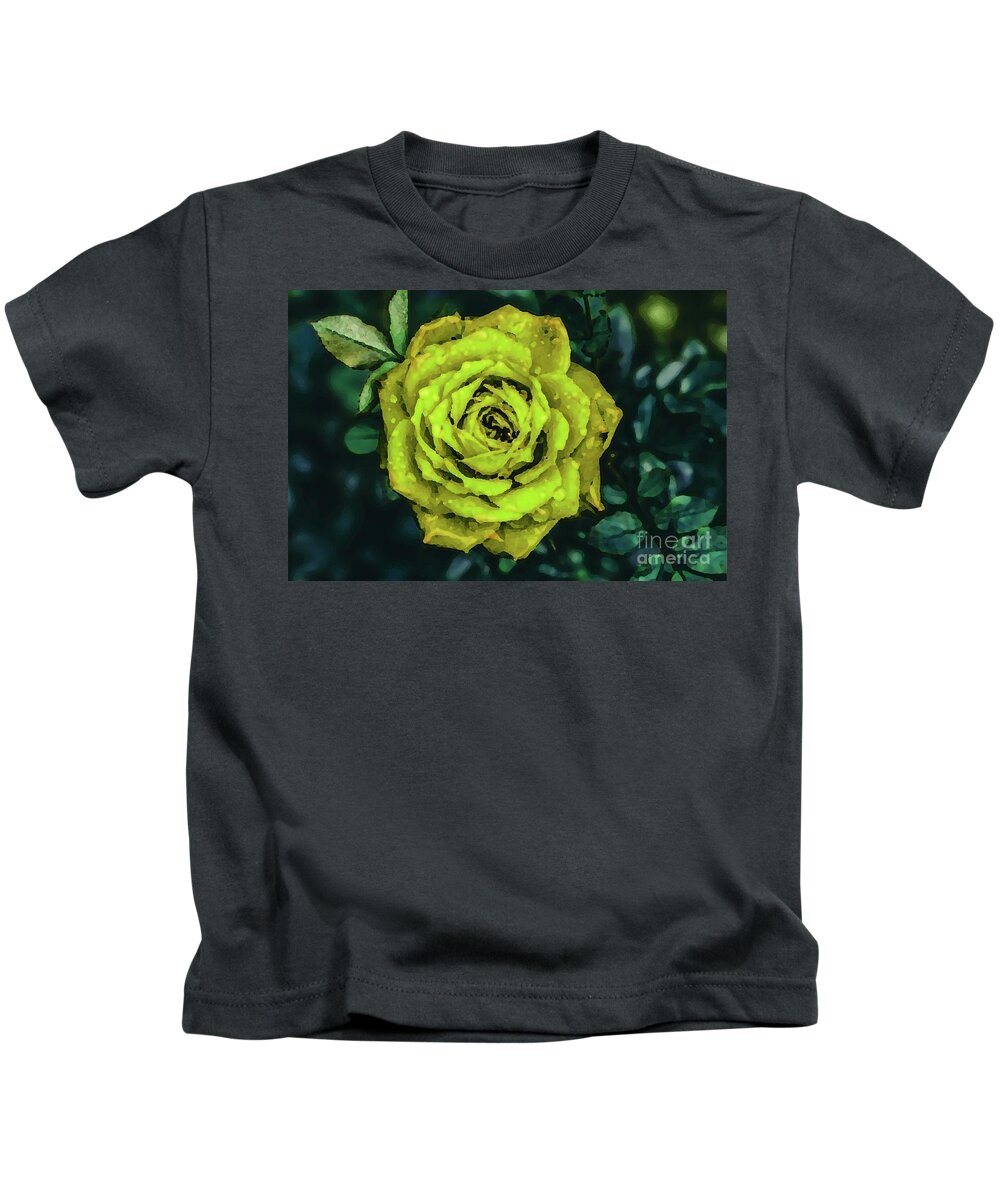 Yellow Rose Kids T-Shirt featuring the digital art Golden Night Rose by Bill King
