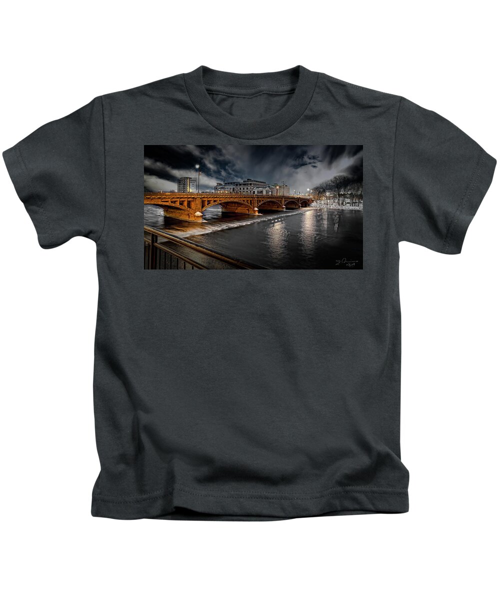 Evie Kids T-Shirt featuring the photograph Golden Pearl Street Bridge Grand Rapids by Evie Carrier
