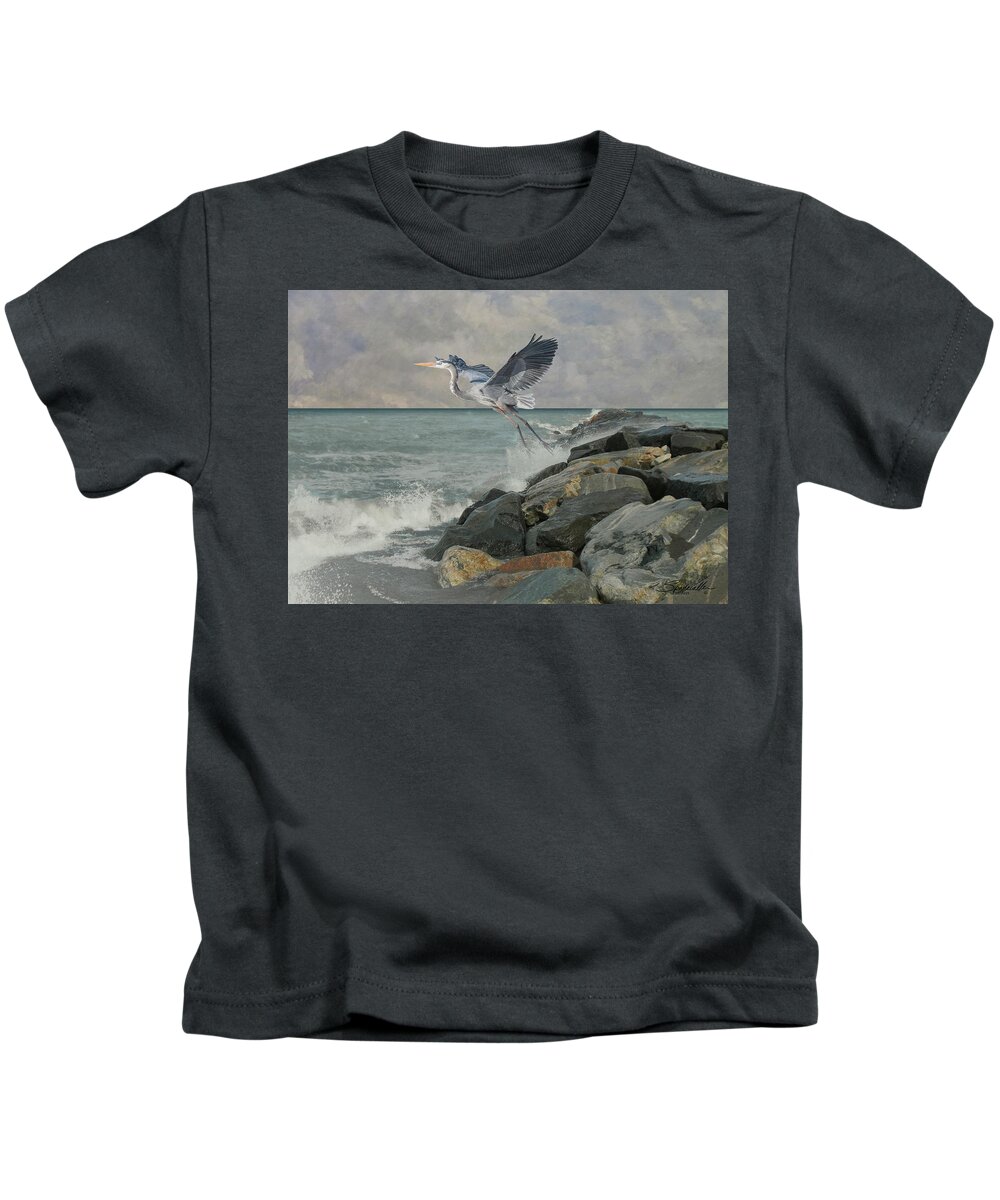 Florida Kids T-Shirt featuring the digital art Great Blue Heron at Sand Key by M Spadecaller