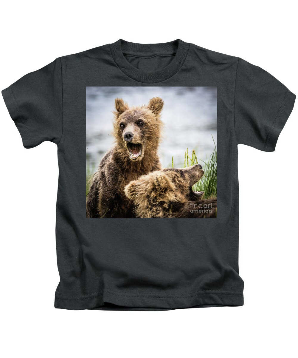 Grizzly Kids T-Shirt featuring the photograph Grizzly cubs looking for their mum by Lyl Dil Creations