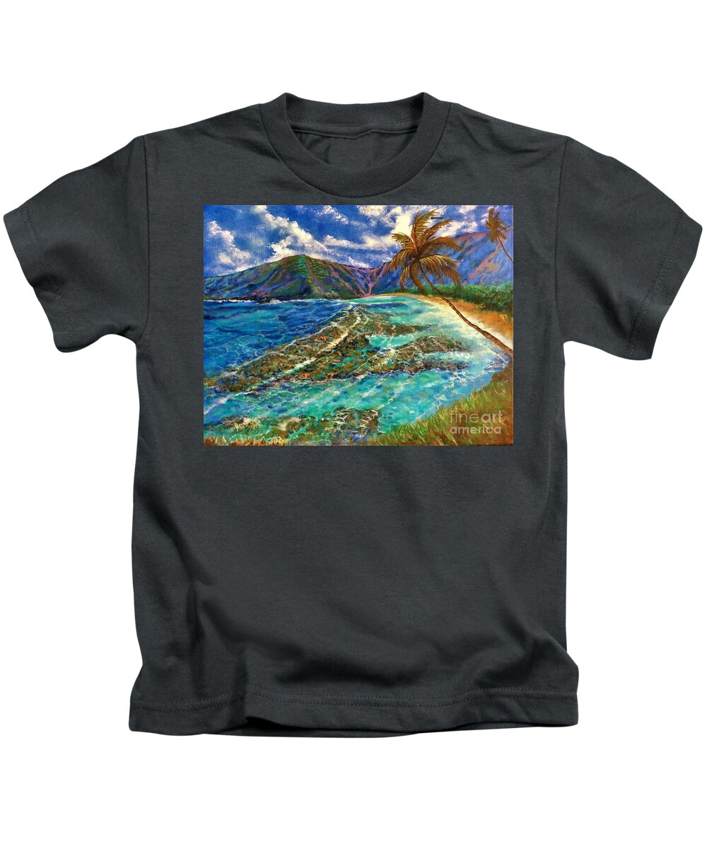 Hanauma Bay Hawaii Seascape Kids T-Shirt featuring the painting Hanauma Bay Hawaii by Leland Castro