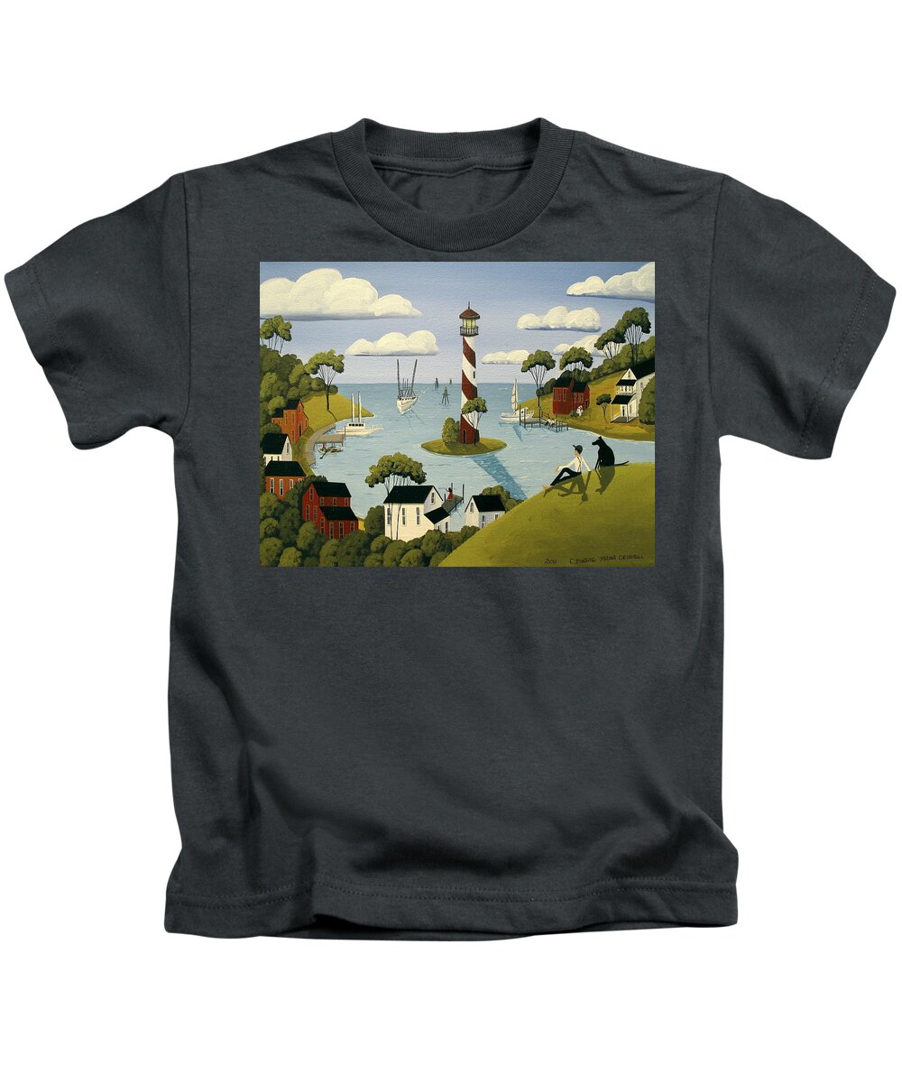 Harbor Kids T-Shirt featuring the painting Harbor Town - folk art painting by Debbie Criswell