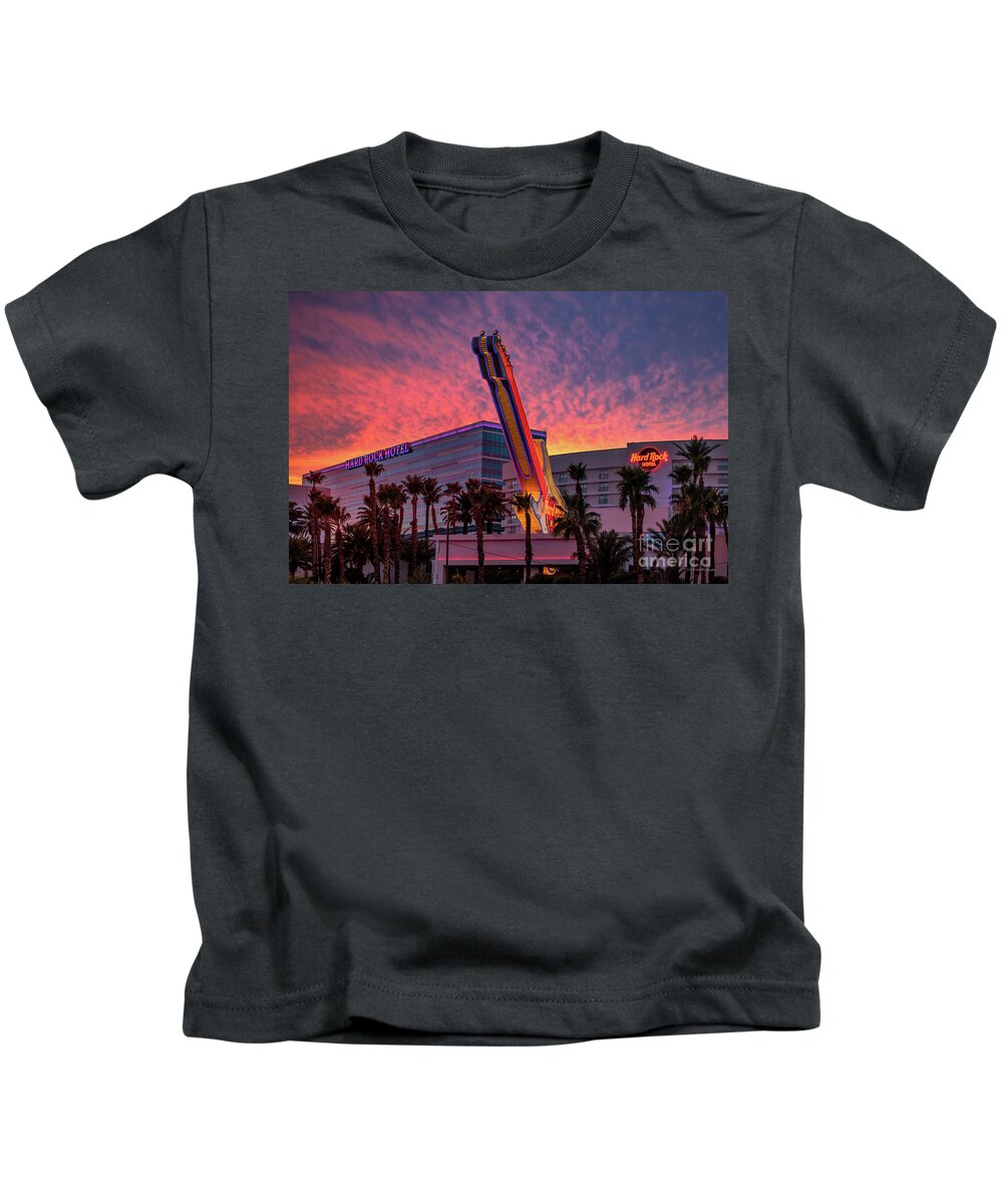 Las Vegas Strip Kids T-Shirt featuring the photograph Hard Rock Hotel and Casino at Sunset by Aloha Art