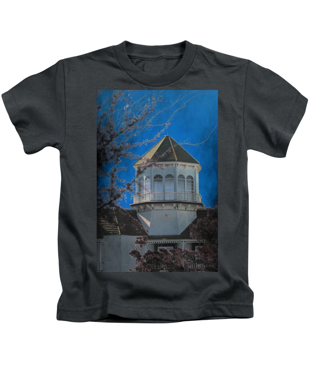  Kids T-Shirt featuring the photograph Haunting Gothic Building on Cobalt by Colleen Cornelius