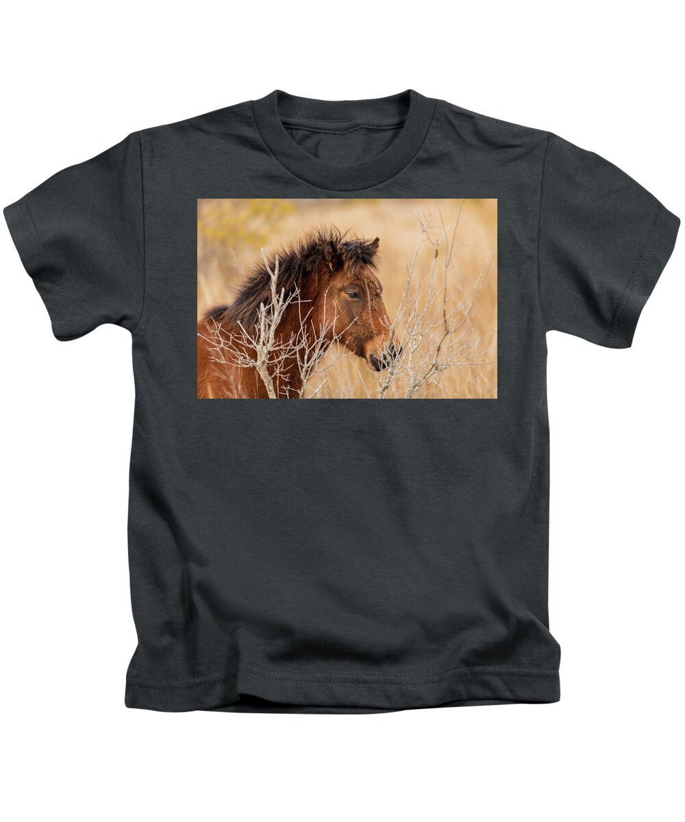 Animals Kids T-Shirt featuring the photograph Hidden Filly by Donna Twiford