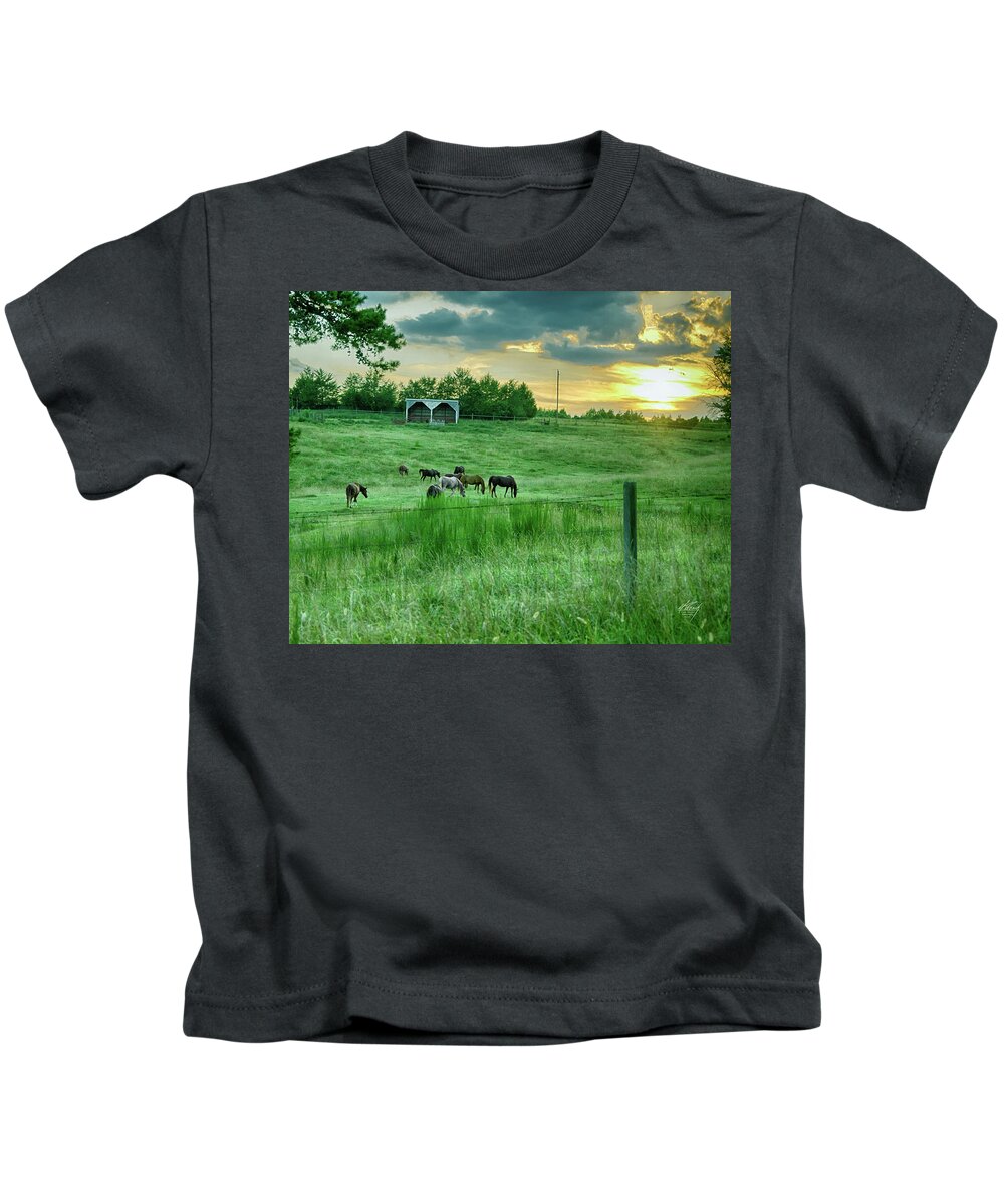 Horses Kids T-Shirt featuring the photograph Horses at Sunset by Michael Frank