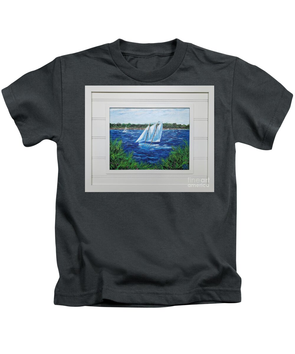 Boat Kids T-Shirt featuring the painting I Spy A Schooner - with frame - Seilglede 5 by C E Dill
