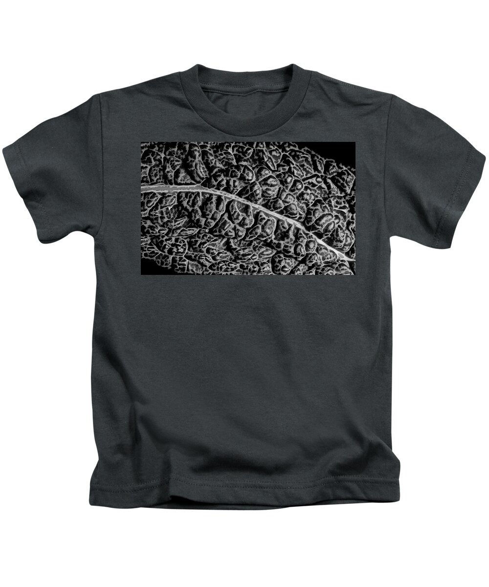 Kale Kids T-Shirt featuring the photograph Kale leaf in black and white by Alessandra RC