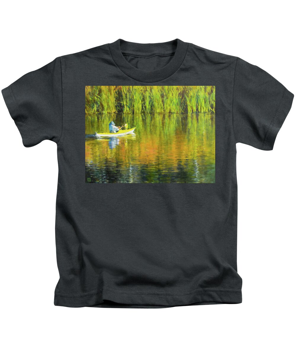 Kayak Kids T-Shirt featuring the painting Kayaking Lafayette Reservoir by Kerima Swain