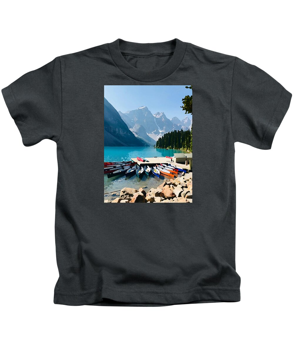 Moraine Lake Kids T-Shirt featuring the photograph Moraine Lake Canoes by Tom Johnson