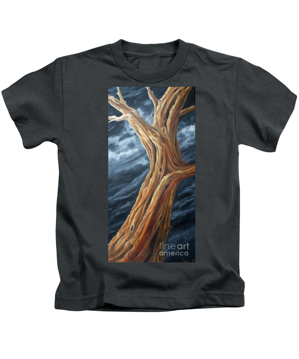 Tree Trunk Branches Landscape Dramatic Sky Clouds Dark Light Shadow Glow Highlight Knotholes Bark Blue White Yellow Brown Orange Kids T-Shirt featuring the painting Last Tree by Ida Eriksen