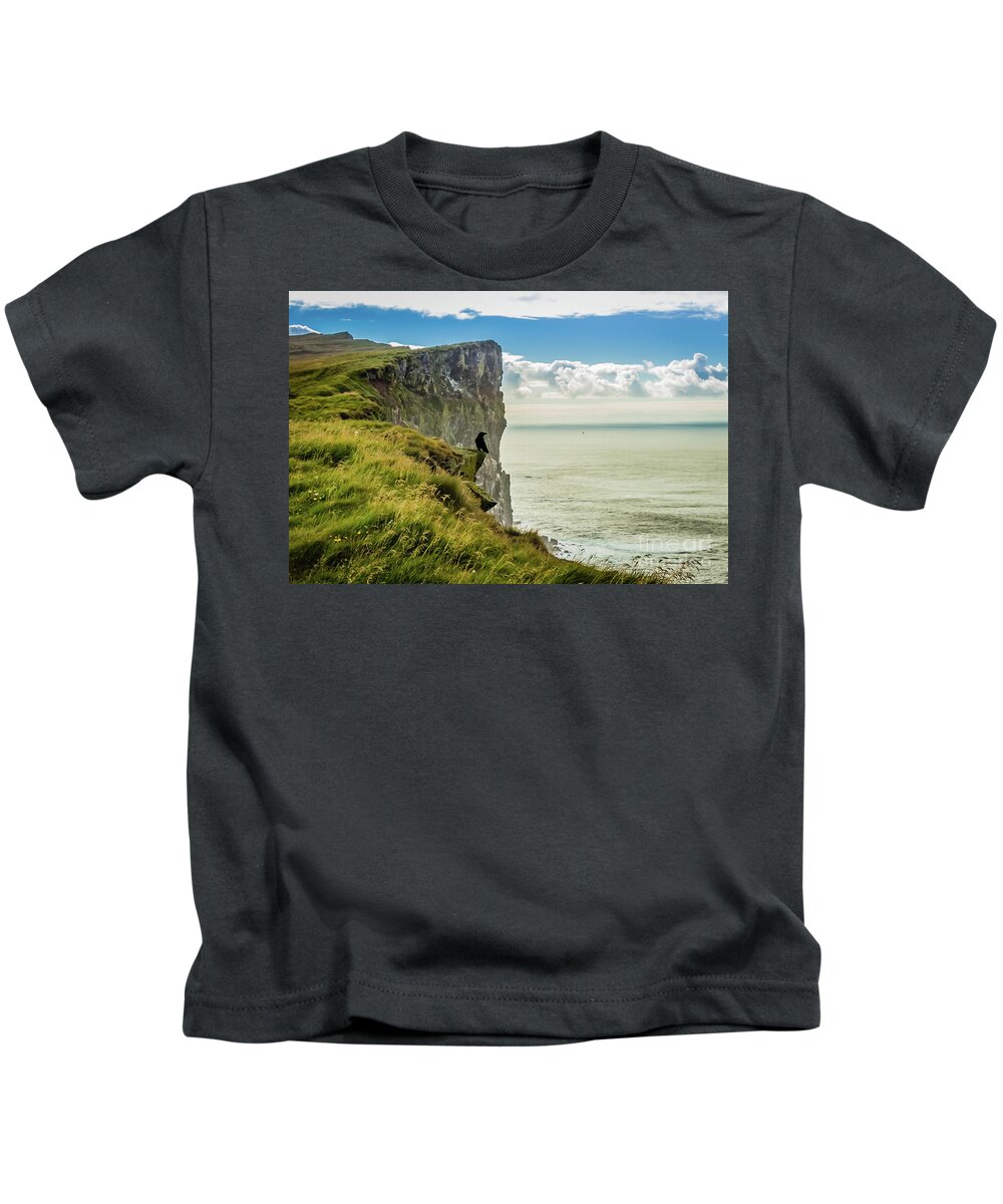 Cliff Kids T-Shirt featuring the photograph Latrabjarg cliffs, Iceland by Lyl Dil Creations