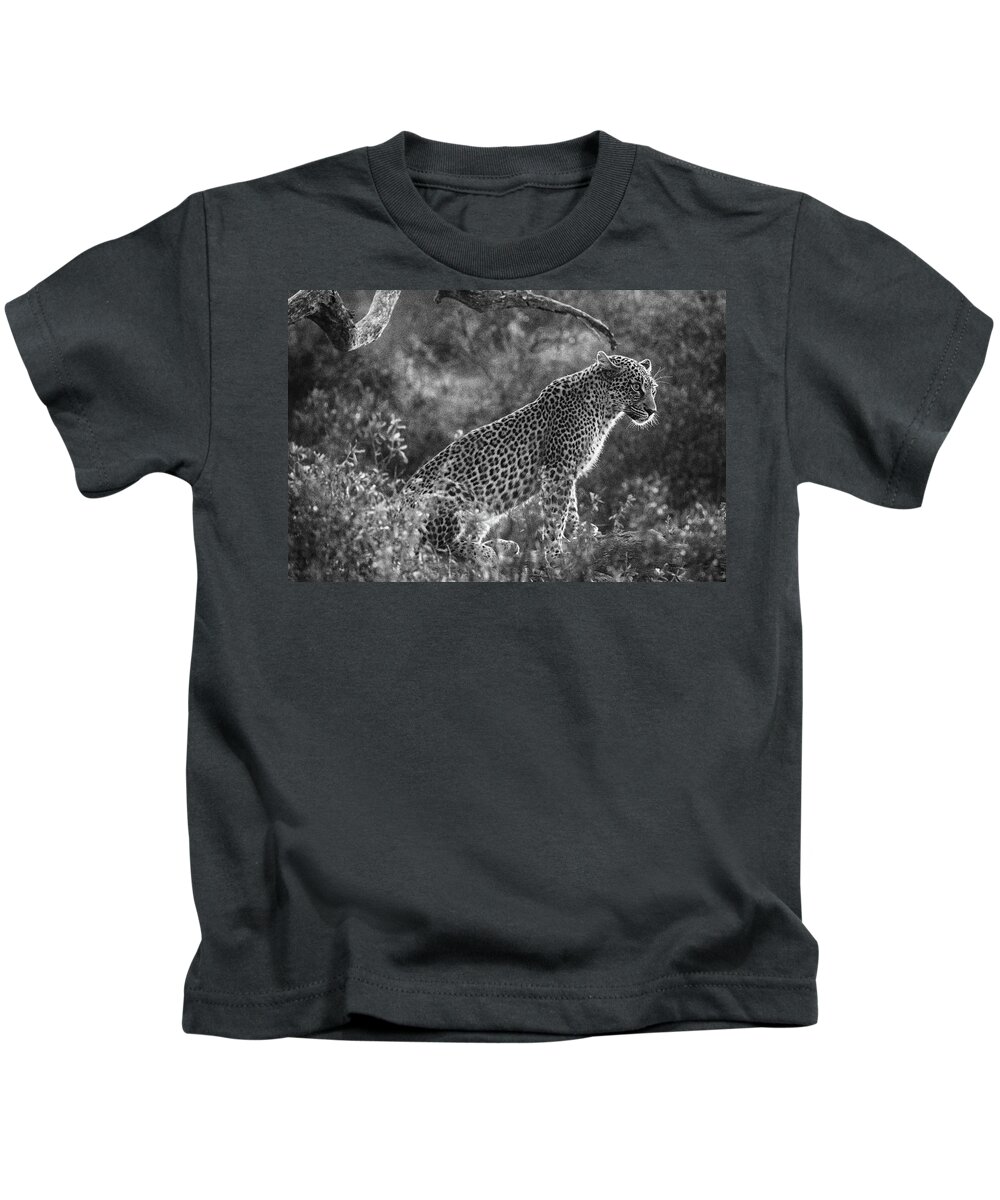 Leopard Kids T-Shirt featuring the photograph Leopard sitting black and white by Mark Hunter