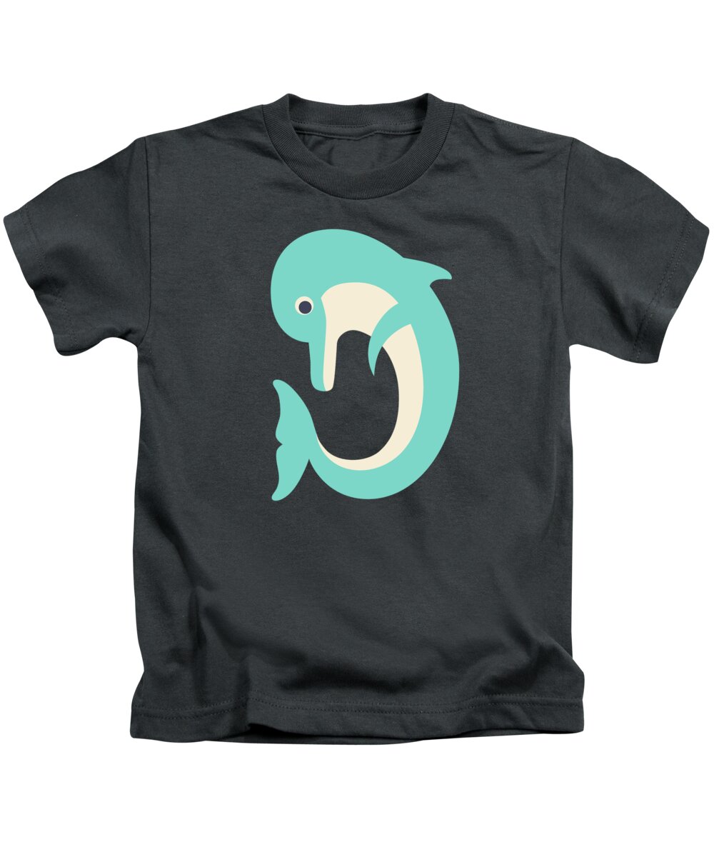 Animal Alphabet Kids T-Shirt featuring the digital art Letter D - Animal Alphabet - Dolphin Monogram by Jen Montgomery