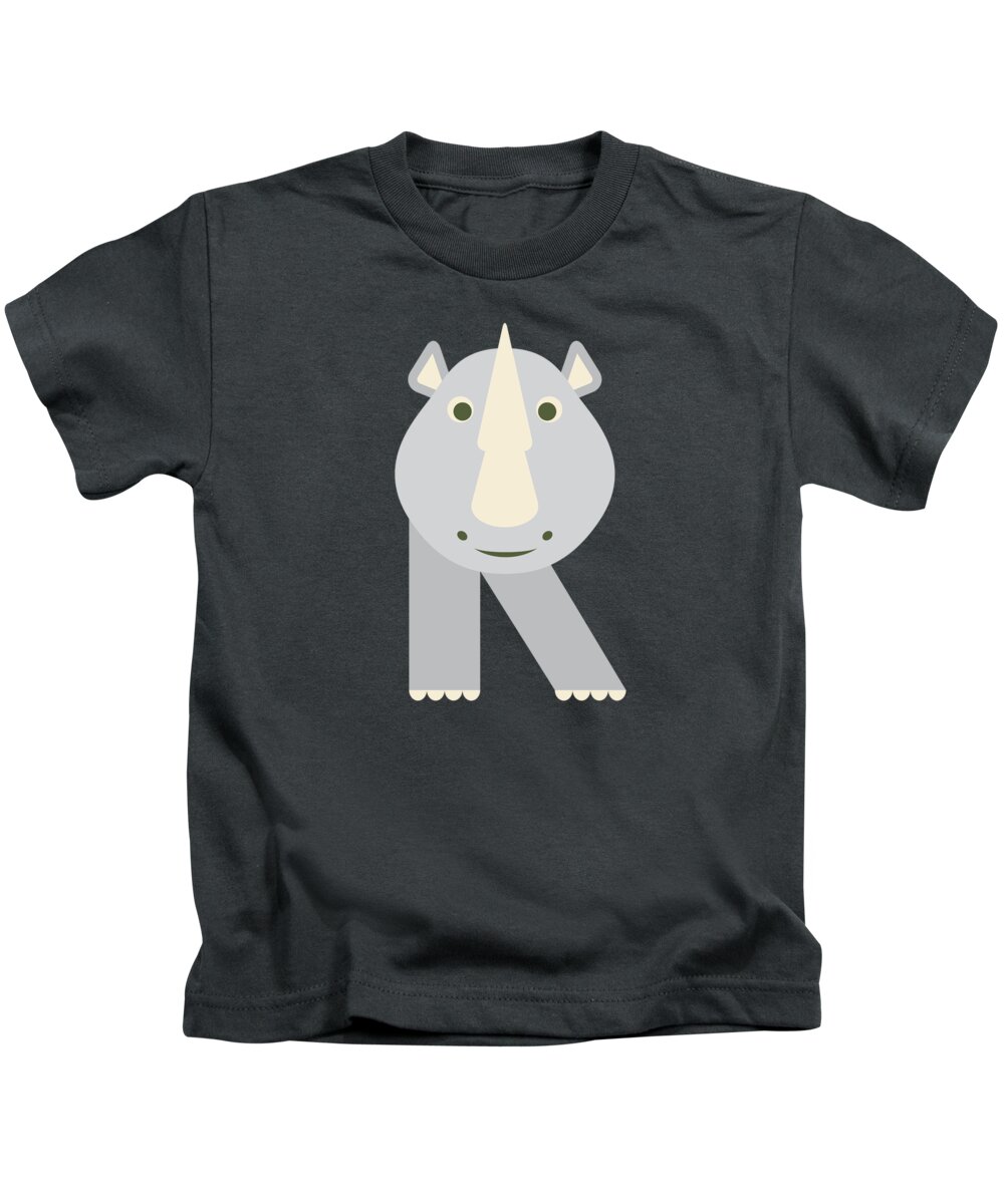 Animal Alphabet Kids T-Shirt featuring the digital art Letter R - Animal Alphabet - Rhino Monogram by Jen Montgomery