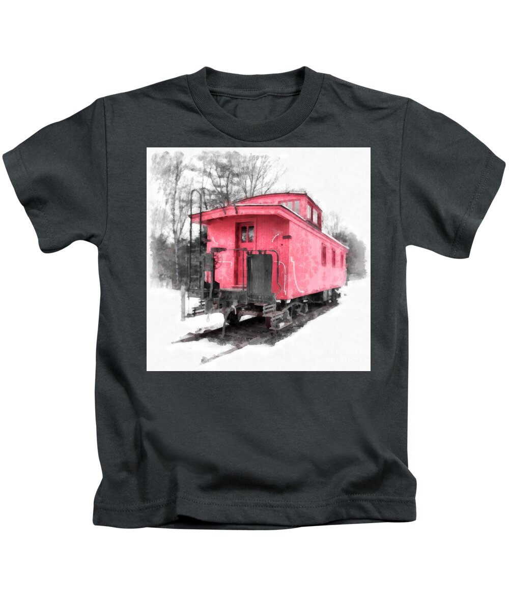 Caboose Kids T-Shirt featuring the photograph Little Red Caboose Watercolor by Edward Fielding