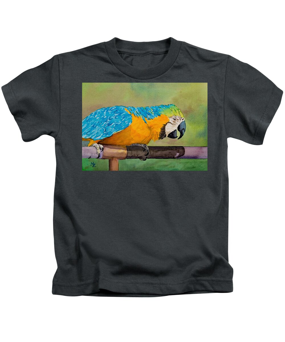 Bird Kids T-Shirt featuring the painting Macaw in Orange and Blue by Margaret Zabor
