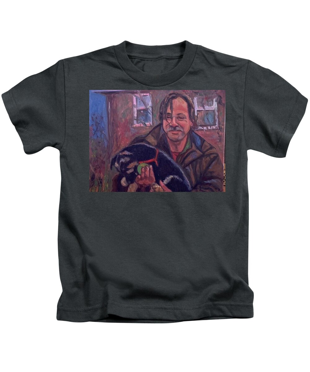 Puppy Kids T-Shirt featuring the painting Man and Puppy by Beth Riso