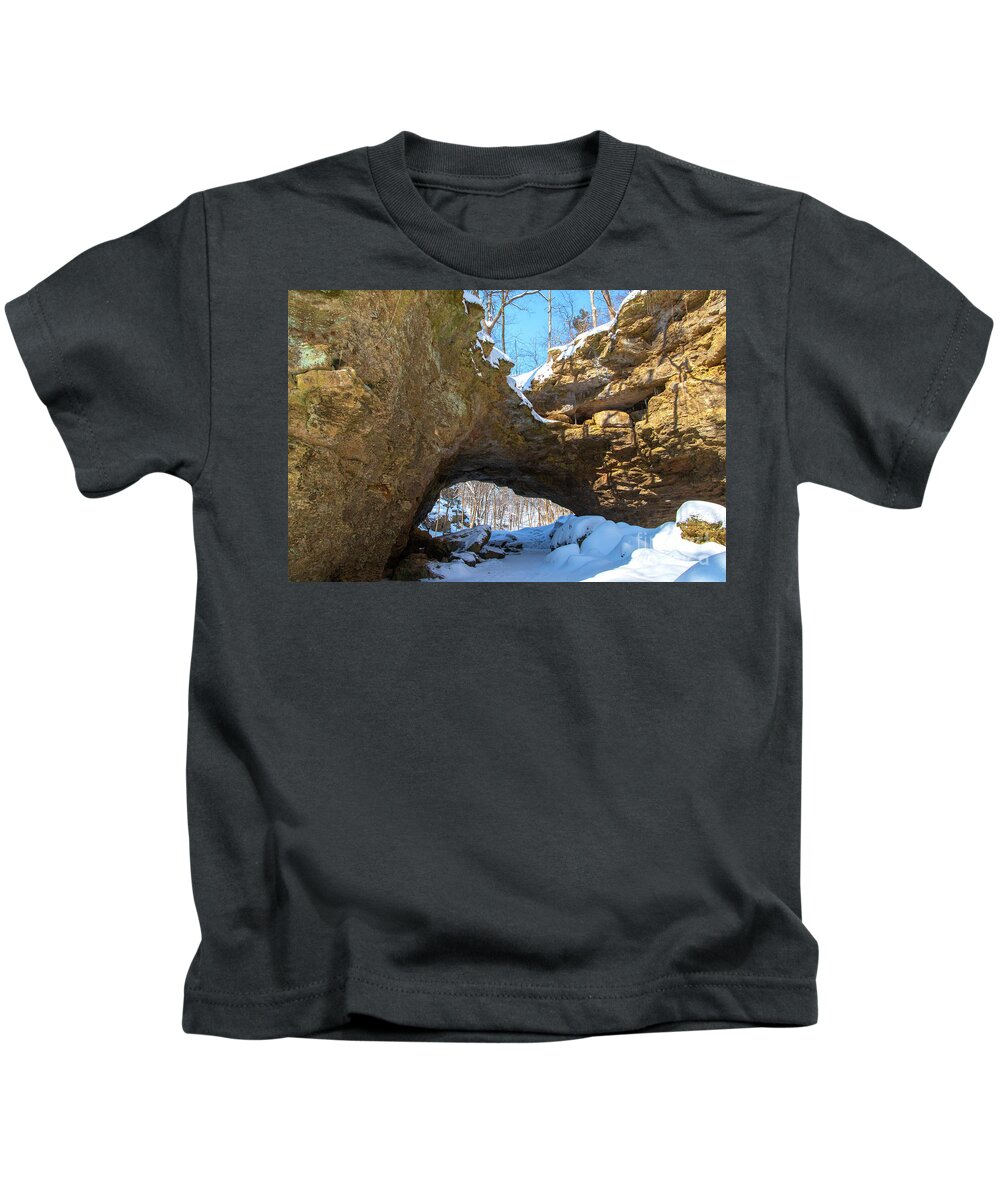 Cliffs Kids T-Shirt featuring the photograph Maquoketa Cave Cliffs in Winter by Sandra J's