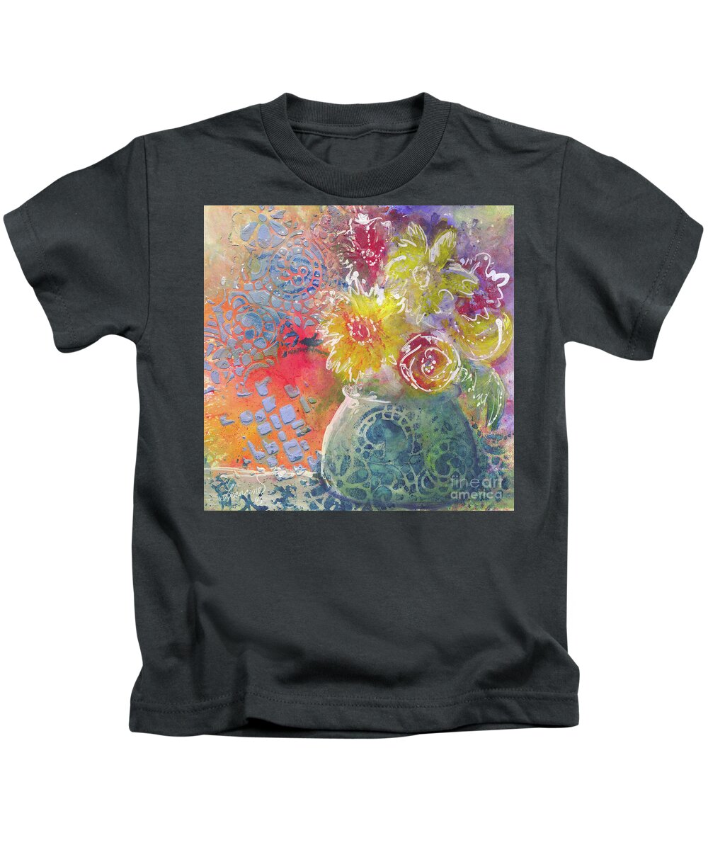 Mixed Media Kids T-Shirt featuring the mixed media Marabu Flowers 1 by Francine Dufour Jones