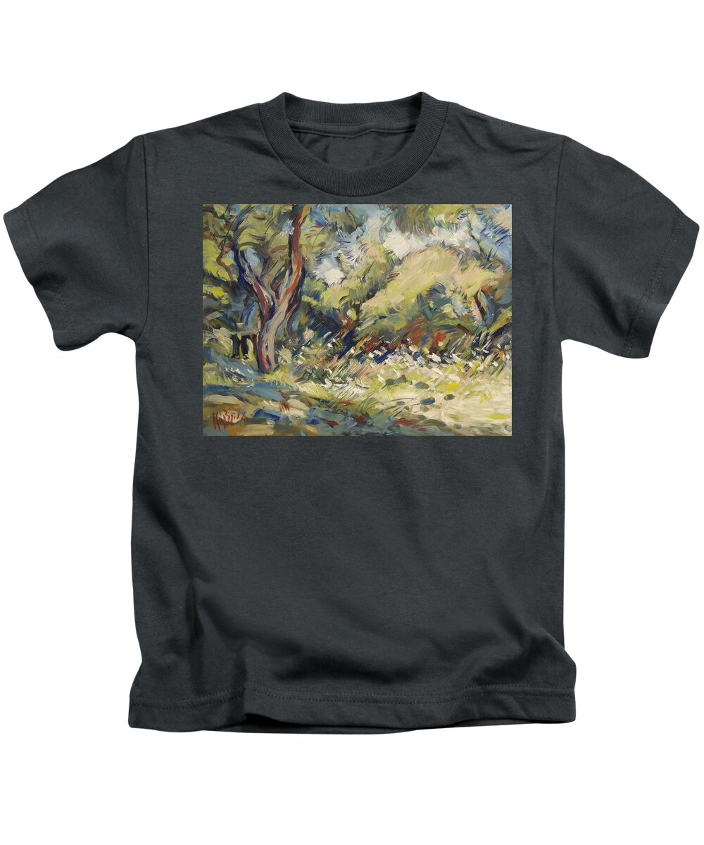 Paxos Kids T-Shirt featuring the painting Marmari olive orchard Paxos by Nop Briex