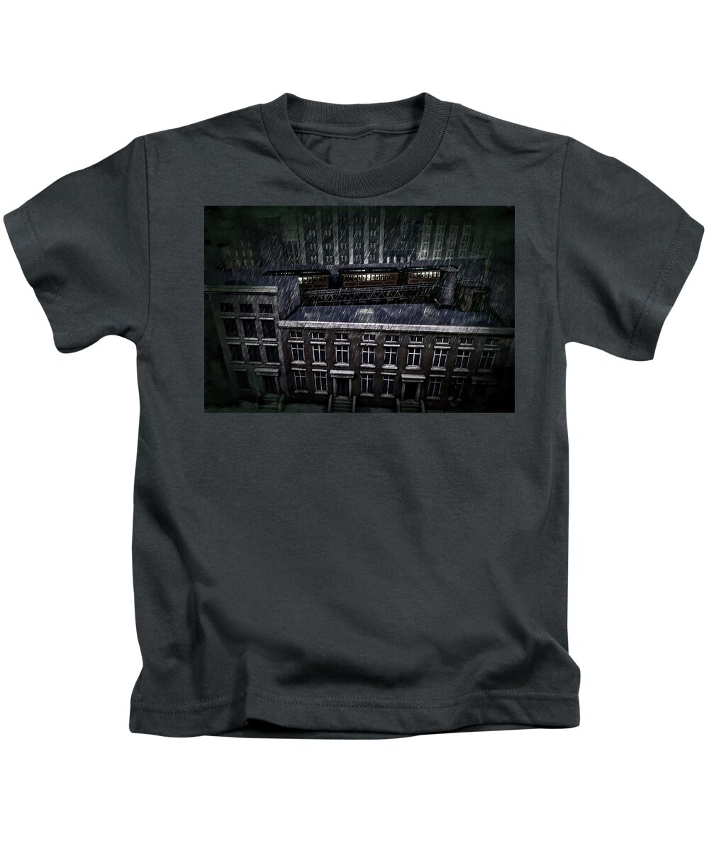 Black And White Urban Photograph With Train In Rain Kids T-Shirt featuring the photograph Midnight Train by Joan Reese