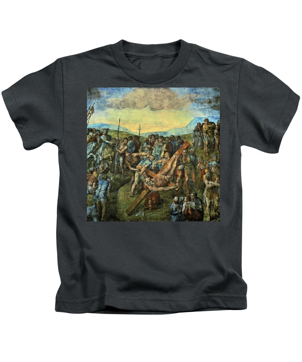 Michelangelo Kids T-Shirt featuring the painting Miguel Angel / 'The Crucifixion of Saint Peter', 625 x 662 cm. by Michelangelo -1475-1564-