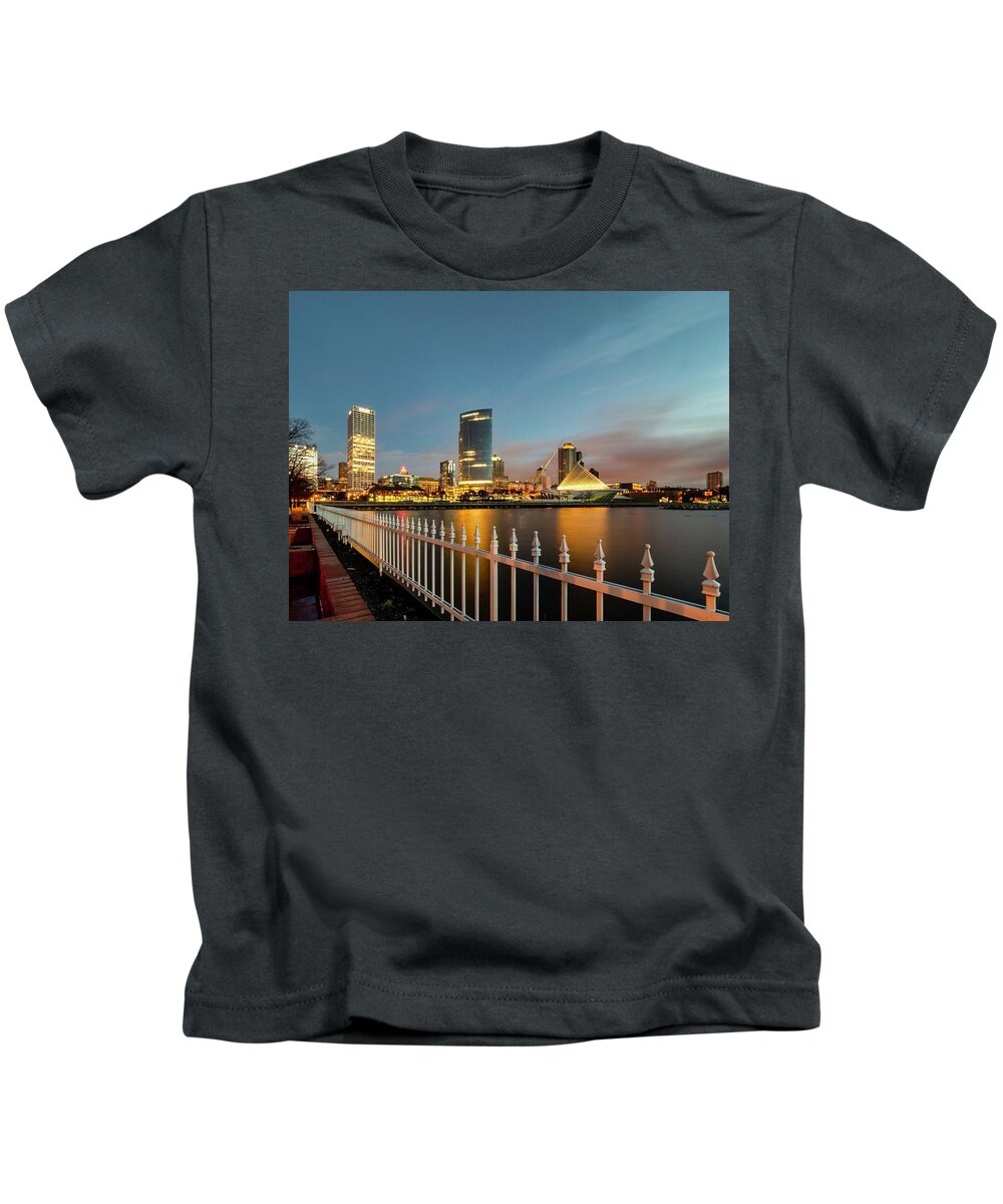 Milwaukee Skyline Kids T-Shirt featuring the photograph Downtown Milwaukee Skyline at Dawn by Kristine Hinrichs