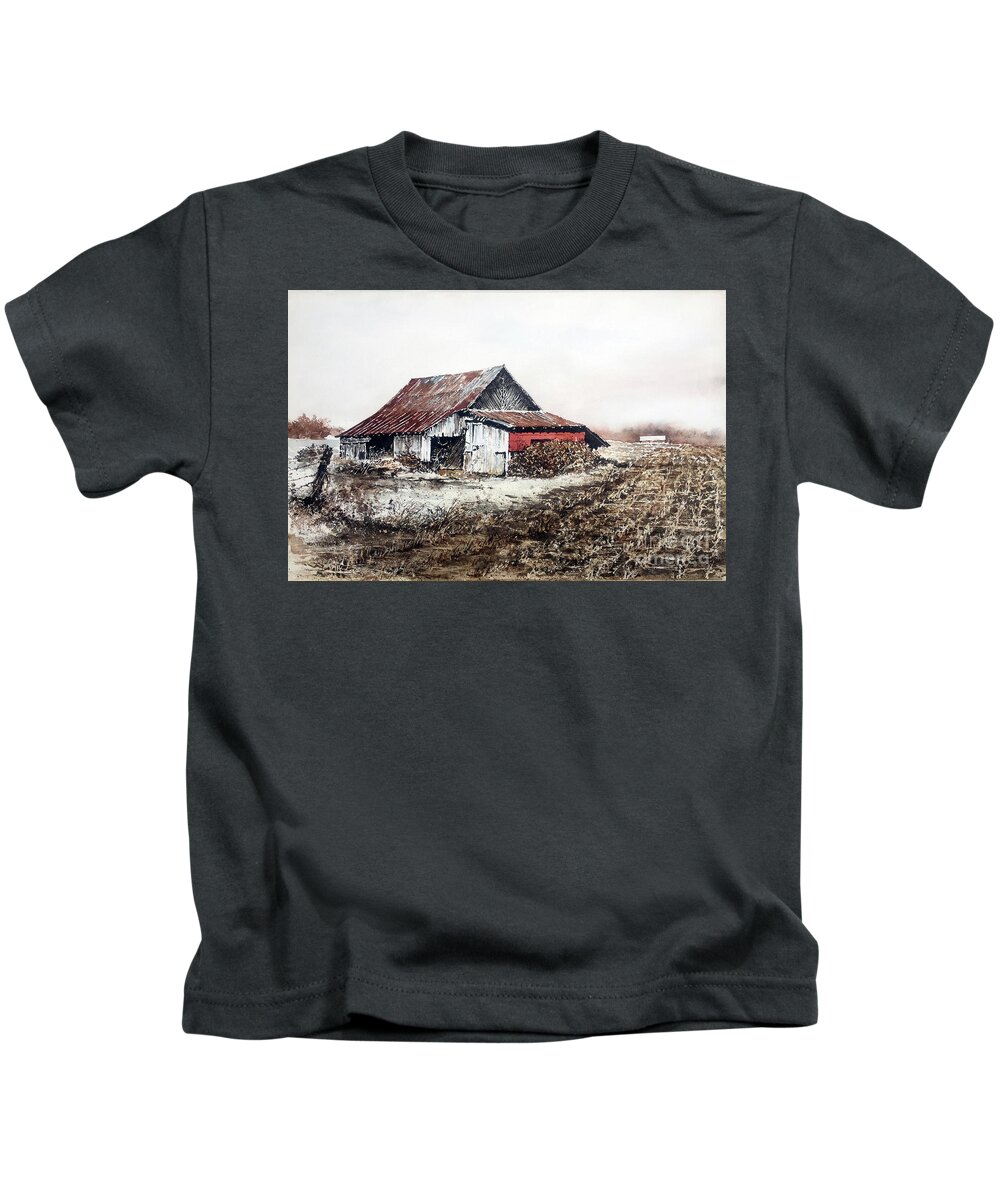 A Weathered Barn Sets At The Edge Of A Harvested Corn Field In Winter. Kids T-Shirt featuring the painting Mud Season by Monte Toon