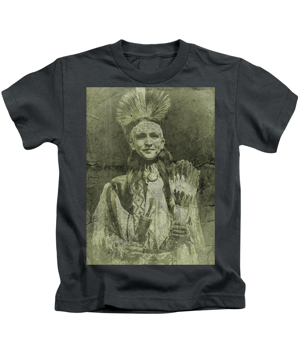 Black &white Vintage American Indian Photograph Kids T-Shirt featuring the photograph Native American Dancer by Joan Reese