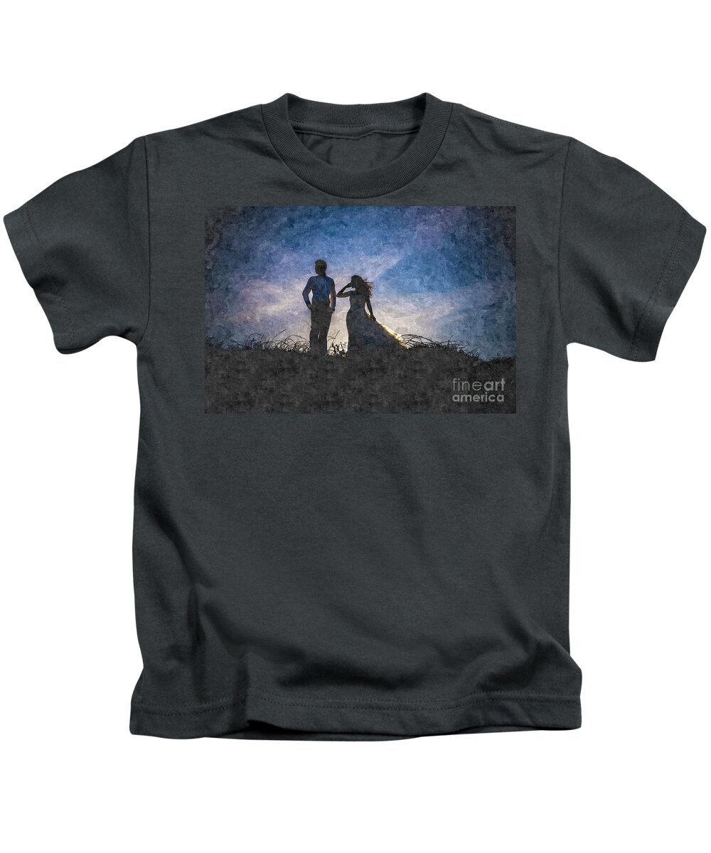 Adult Kids T-Shirt featuring the photograph Newlywed couple after their wedding at sunset, digital art oil p by Joaquin Corbalan