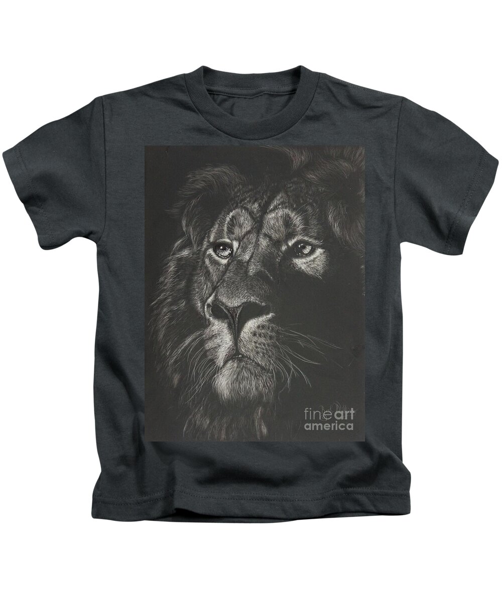 Lion Kids T-Shirt featuring the mixed media Out from the Dark by Bob Williams