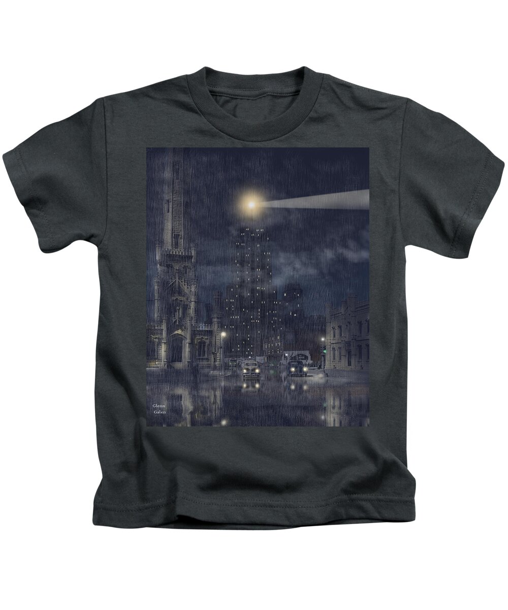 Palmolive Building Kids T-Shirt featuring the mixed media Palmolive Building Beacon - 1949 by Glenn Galen
