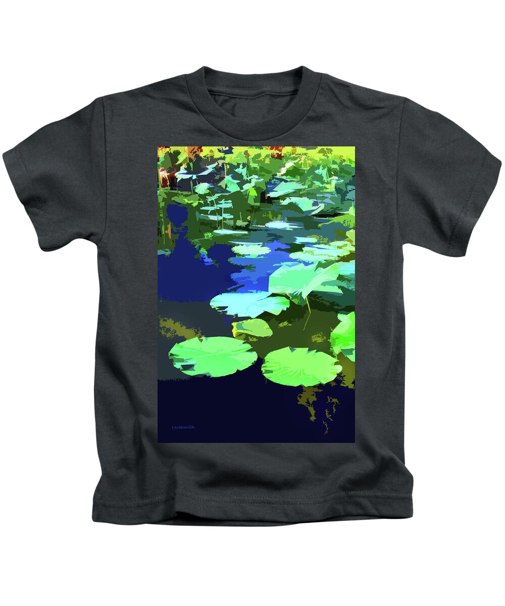 Water Lily Kids T-Shirt featuring the digital art Patterns on the Pond by John Lautermilch