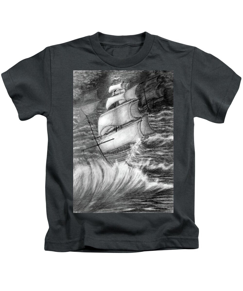 Ship Kids T-Shirt featuring the drawing Peace in the Storm by Medea Ioseliani