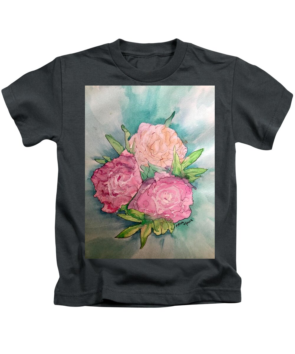 Peonie Kids T-Shirt featuring the painting Peonie Roses by AHONU Aingeal Rose