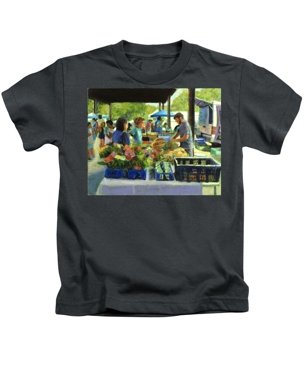 Farmer's Market Kids T-Shirt featuring the painting Picking Up The Order by David Zimmerman
