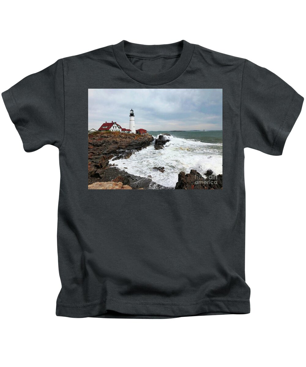 Winter Kids T-Shirt featuring the photograph Portland Head Light Surf by Jeanette French