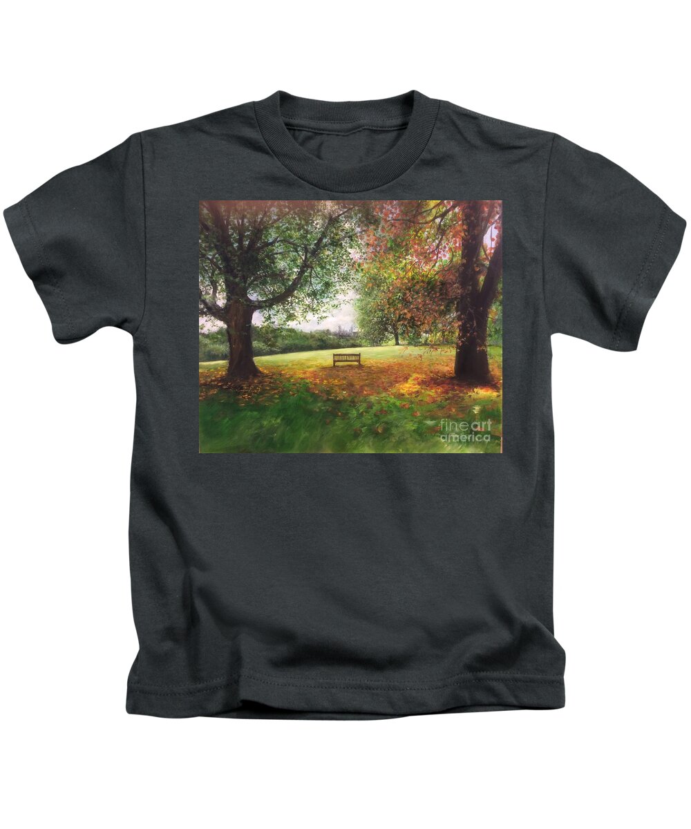 Lizzy Forrester Kids T-Shirt featuring the painting Primrose Hill On An Autumn Day London In The Distance by Lizzy Forrester