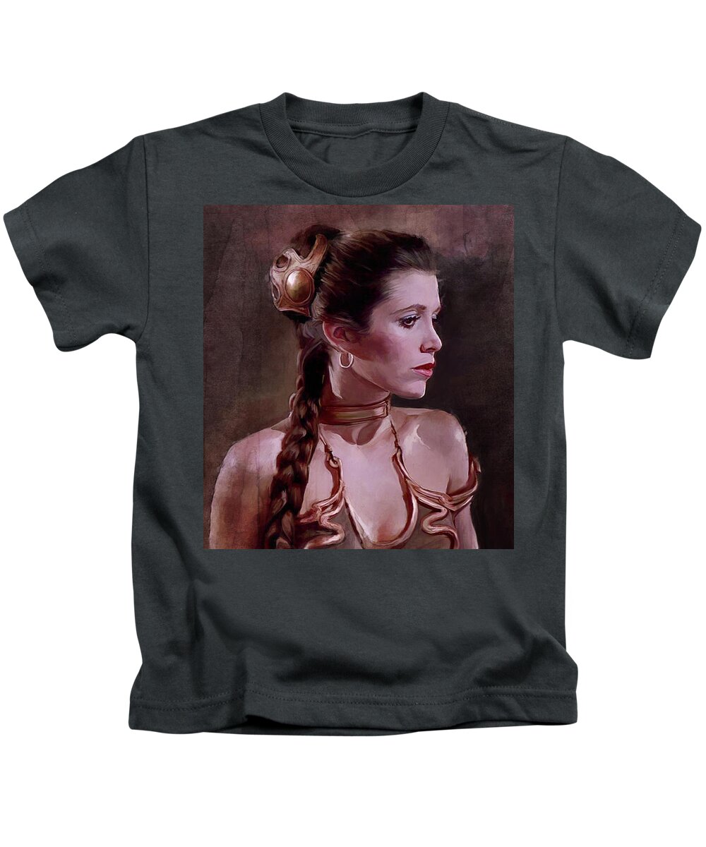 Star Wars Kids T-Shirt featuring the painting Princess Leia Jabba The Hut Slave - Star Wars by Joseph Oland