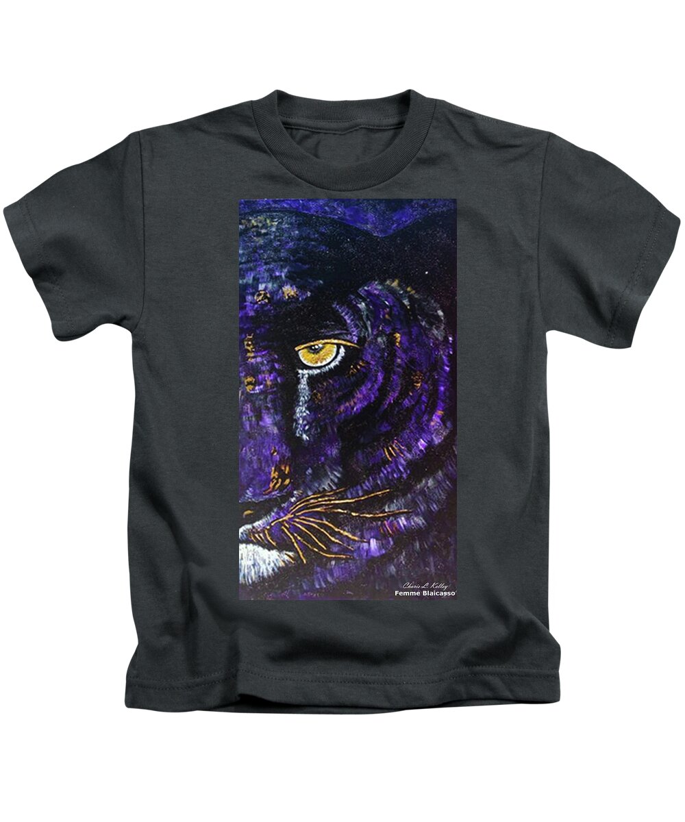 Purple And Gold Pvamu Panther Kids T-Shirt featuring the painting Proud Panther by Femme Blaicasso