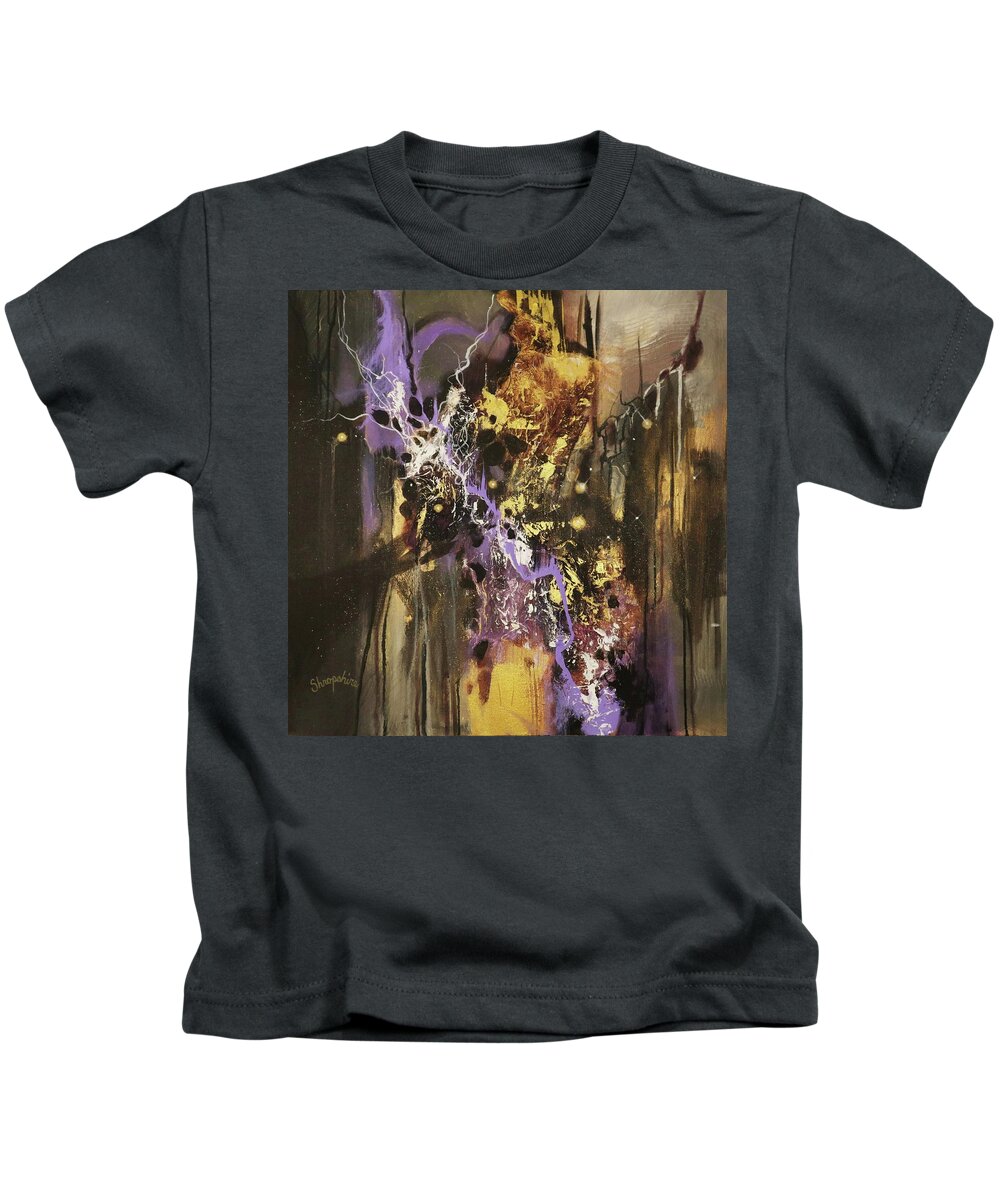 Abstract Kids T-Shirt featuring the painting Purple and Gold Fusion by Tom Shropshire