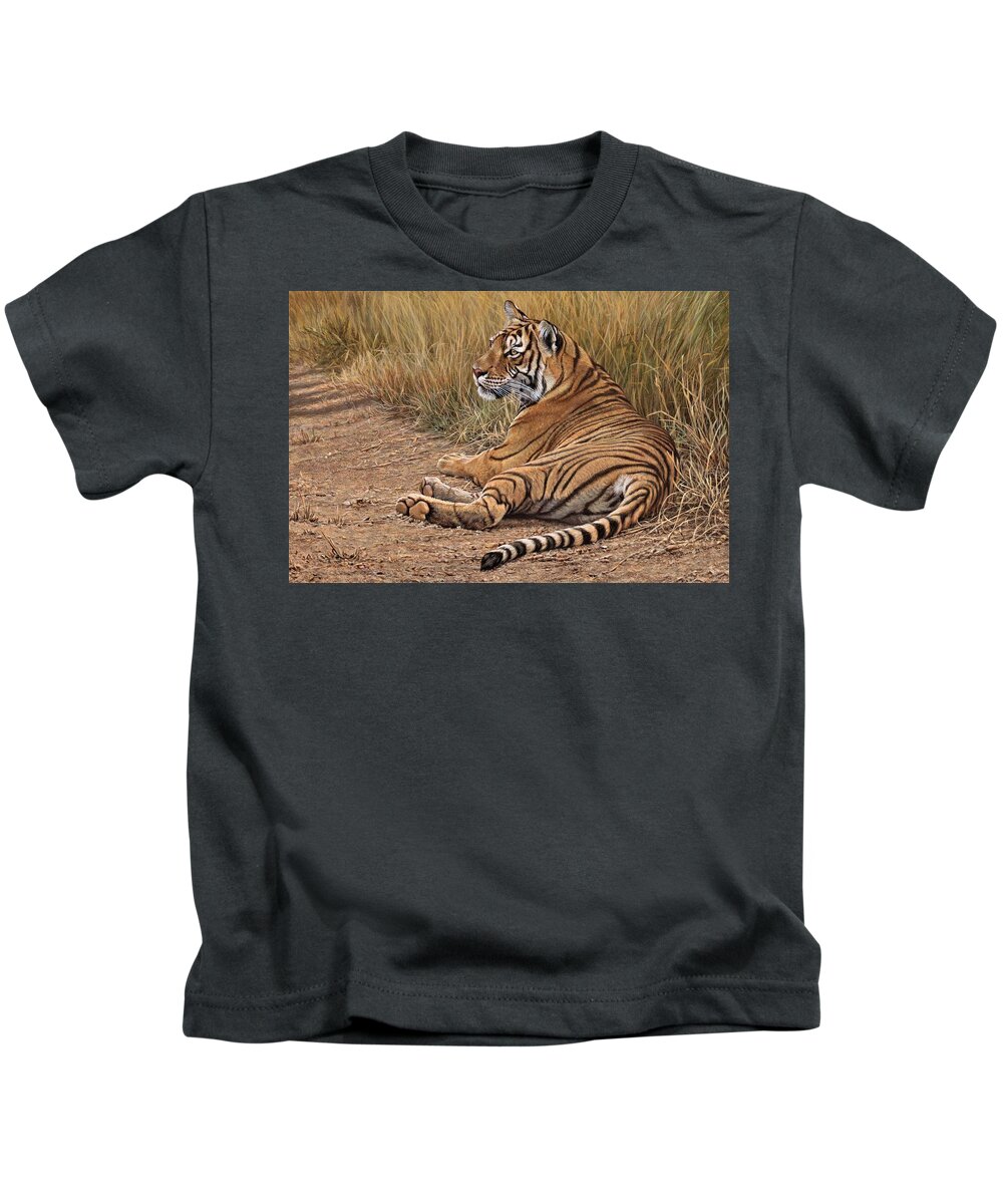 Tiger Kids T-Shirt featuring the painting Ranthamboure Road Block Tiger by Alan M Hunt