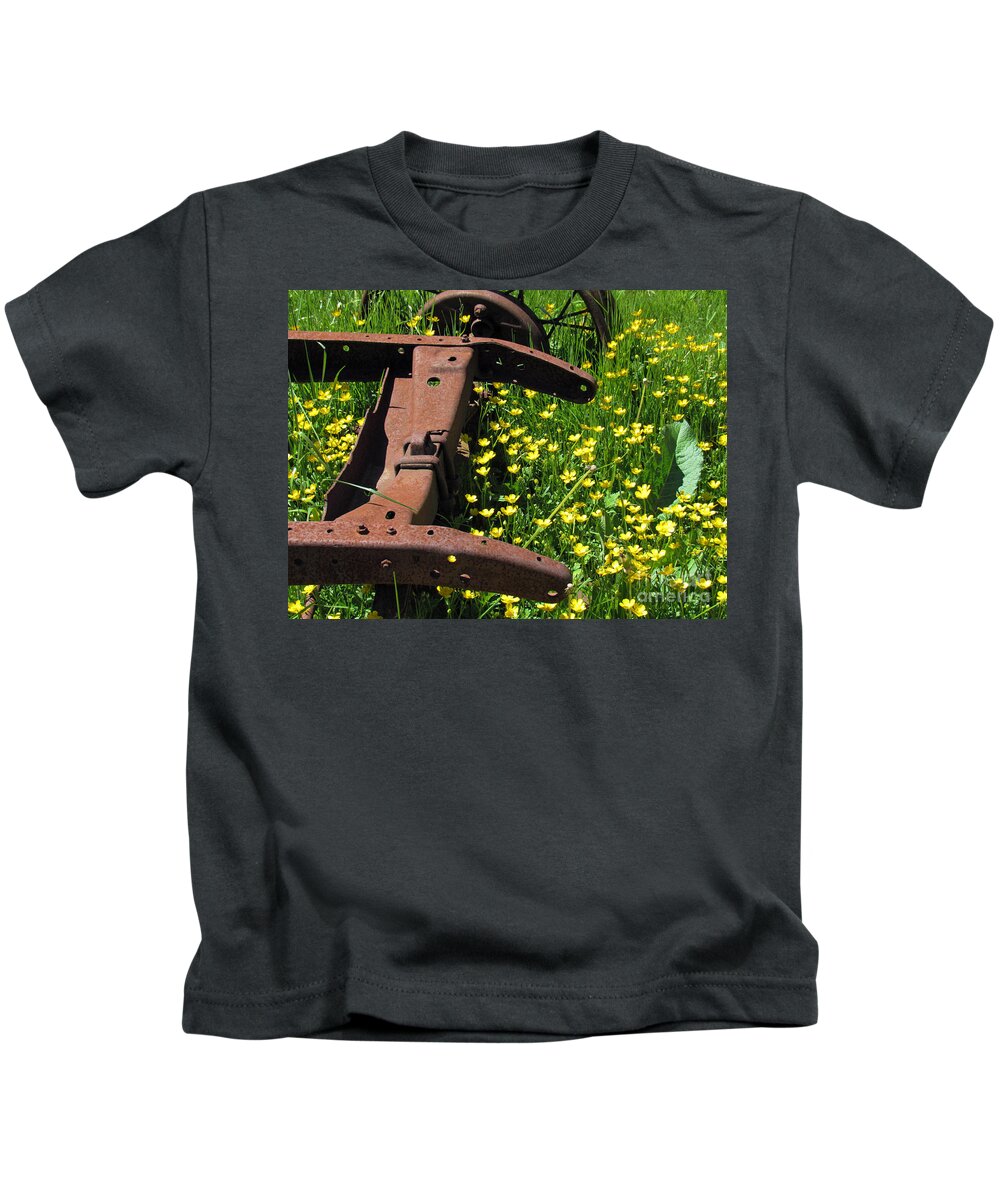Rusty Wagon Kids T-Shirt featuring the photograph Rusted Wagon in a Field of Flowers by Roberta Byram